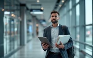 Un homme formateur en déplacement professionnel tient un ordinateur portable et des documents de mission dans un couloir d’aéroport moderne, ambiance sobre et réaliste, lumière naturelle et style documentaire.