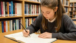 Une lycéenne concentrée travaille sur une démonstration mathématique dans un cahier, assise dans une bibliothèque aux rayonnages remplis de livres de mathématiques en arrière-plan.