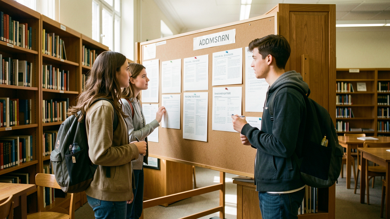 Quatre étudiants, deux femmes et deux hommes, consultent un tableau d’affichage vierge dans une bibliothèque universitaire lumineuse.