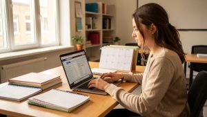 Une jeune étudiante consulte un espace universitaire en ligne sur un ordinateur portable, entourée de cahiers et d’un planning visuel dans une salle d’étude lumineuse.