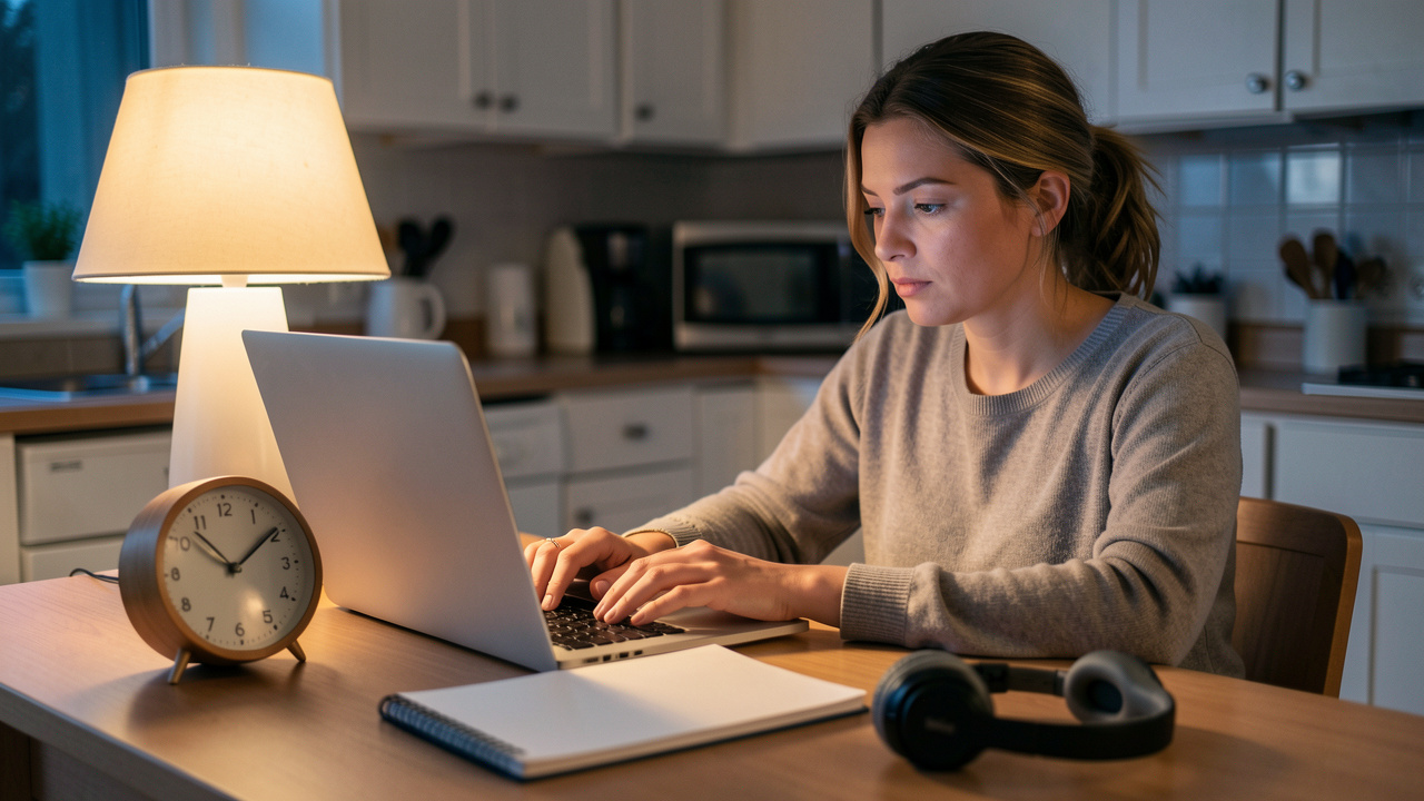 Femme étudiant l’anglais sur un ordinateur le soir, avec un agenda vierge, un casque audio et une horloge sans indication autour d’elle.