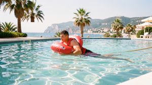 Jeune nageur sauveteur s’entraînant au remorquage dans une piscine extérieure baignée par la lumière du littoral méditerranéen, avec les collines côtières d’Argelès-sur-Mer en arrière-plan.