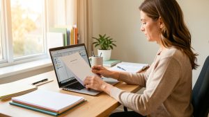 Une femme organise des diplômes, certificats et attestations de formation dans un dossier numérique sur un ordinateur portable, dans un bureau lumineux et professionnel.