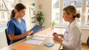 Une infirmière diplômée à l’étranger échange avec une responsable de santé autour de documents vierges illustrant les étapes d’un parcours professionnel dans le Grand Est.