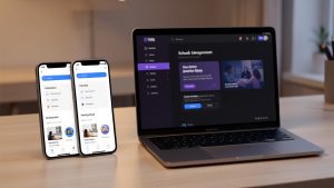 Smartphone et ordinateur portable affichant une interface scolaire générique en mode sombre.