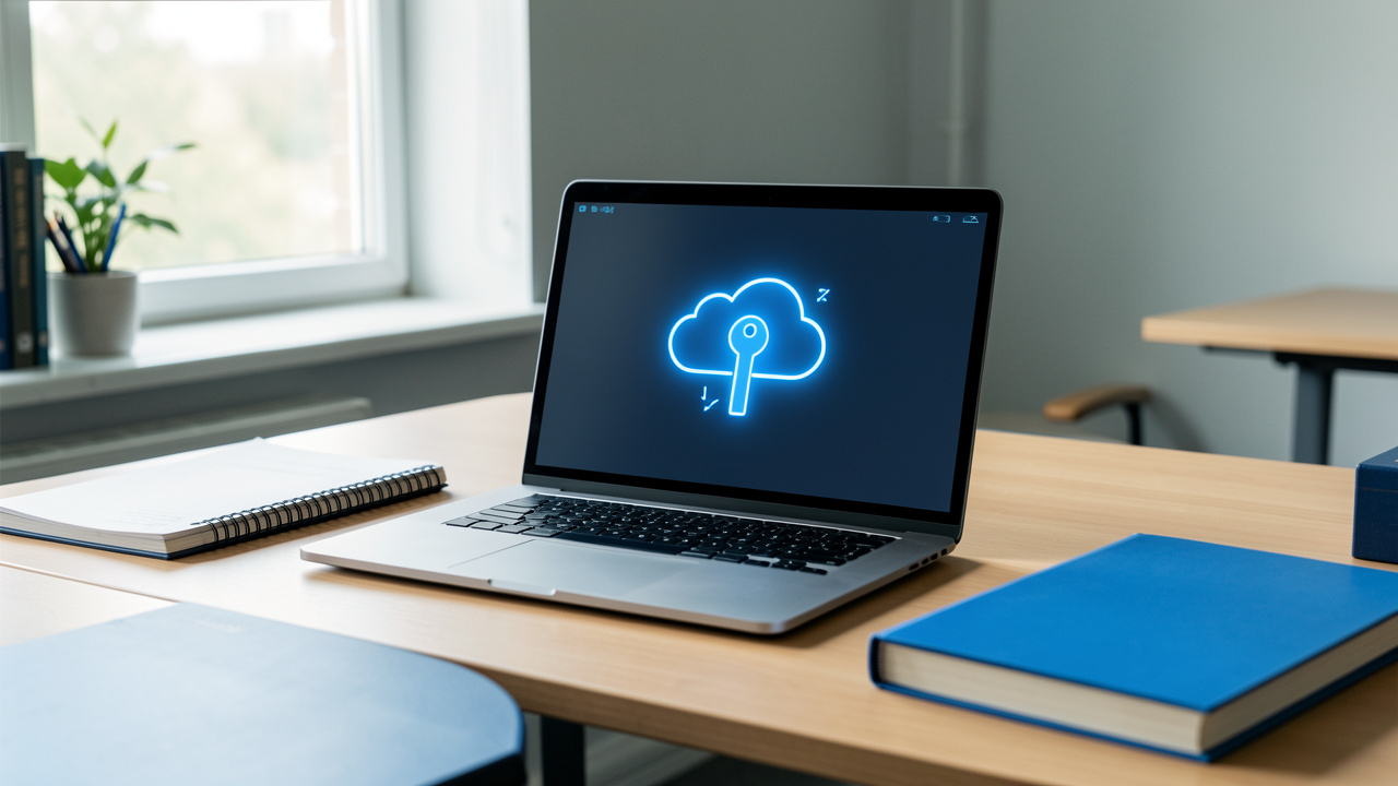 Ordinateur portable affichant une interface abstraite d’accès sécurisé sur un bureau d’environnement scolaire.