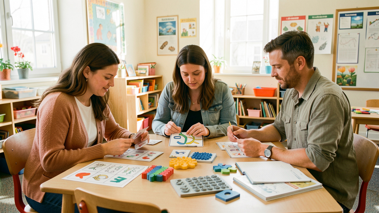 Trois membres de l’équipe éducative, deux femmes et un homme, analysent ensemble des supports pédagogiques adaptés autour d’une table dans une salle de classe inclusive et lumineuse.